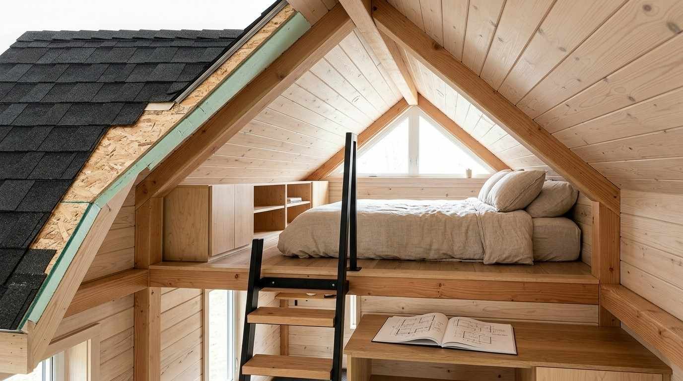 Tiny home sleeping loft showing how roof pitch, mattress placement and ceiling volume create distinct sitting, kneeling, access and low-storage zones.