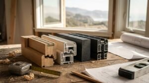 Cross-section samples of wood, vinyl, composite, and aluminum window frames on carpenter workbench