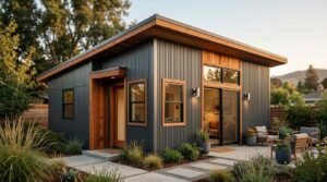 Modern backyard ADU with dark corrugated metal siding, wood trim accents, and concrete patio