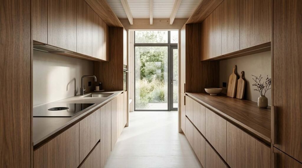 Modern tiny house kitchen with light wood cabinetry, dark walnut countertops, a stainless steel sink, an induction cooktop, minimalist shelving, and large glass doors providing natural light.