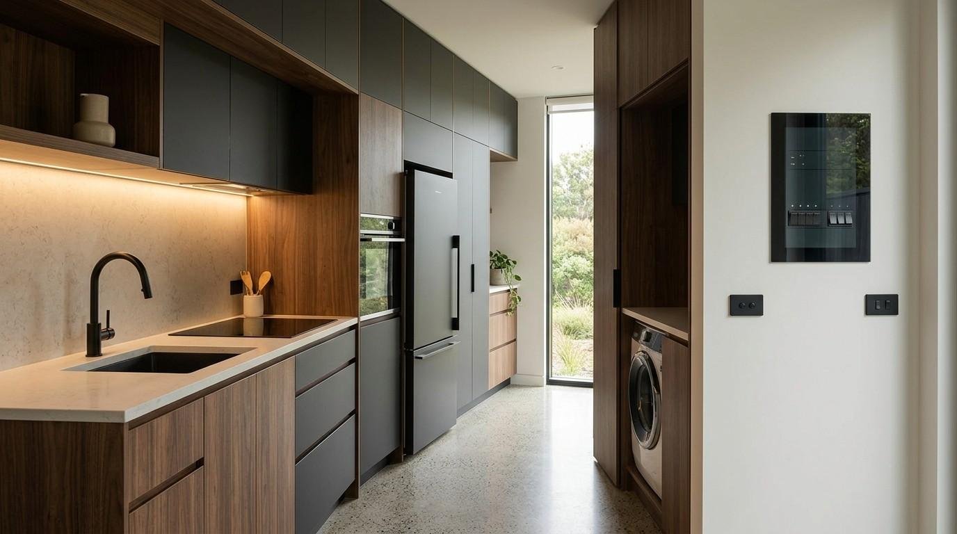 Modern tiny home kitchen featuring dark wood cabinets, gray built-in appliances, a double-basin sink, induction cooktop, compact washing machine, and wall-mounted electrical panel.