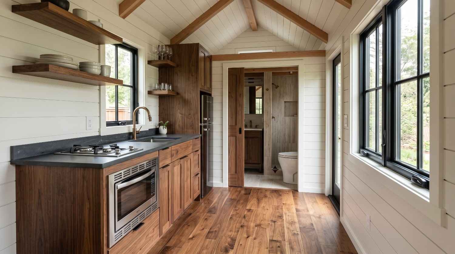Modern tiny home kitchen featuring walnut cabinets, a black countertop, stainless steel appliances, white shiplap walls, exposed wooden ceiling beams, and large black-framed windows.