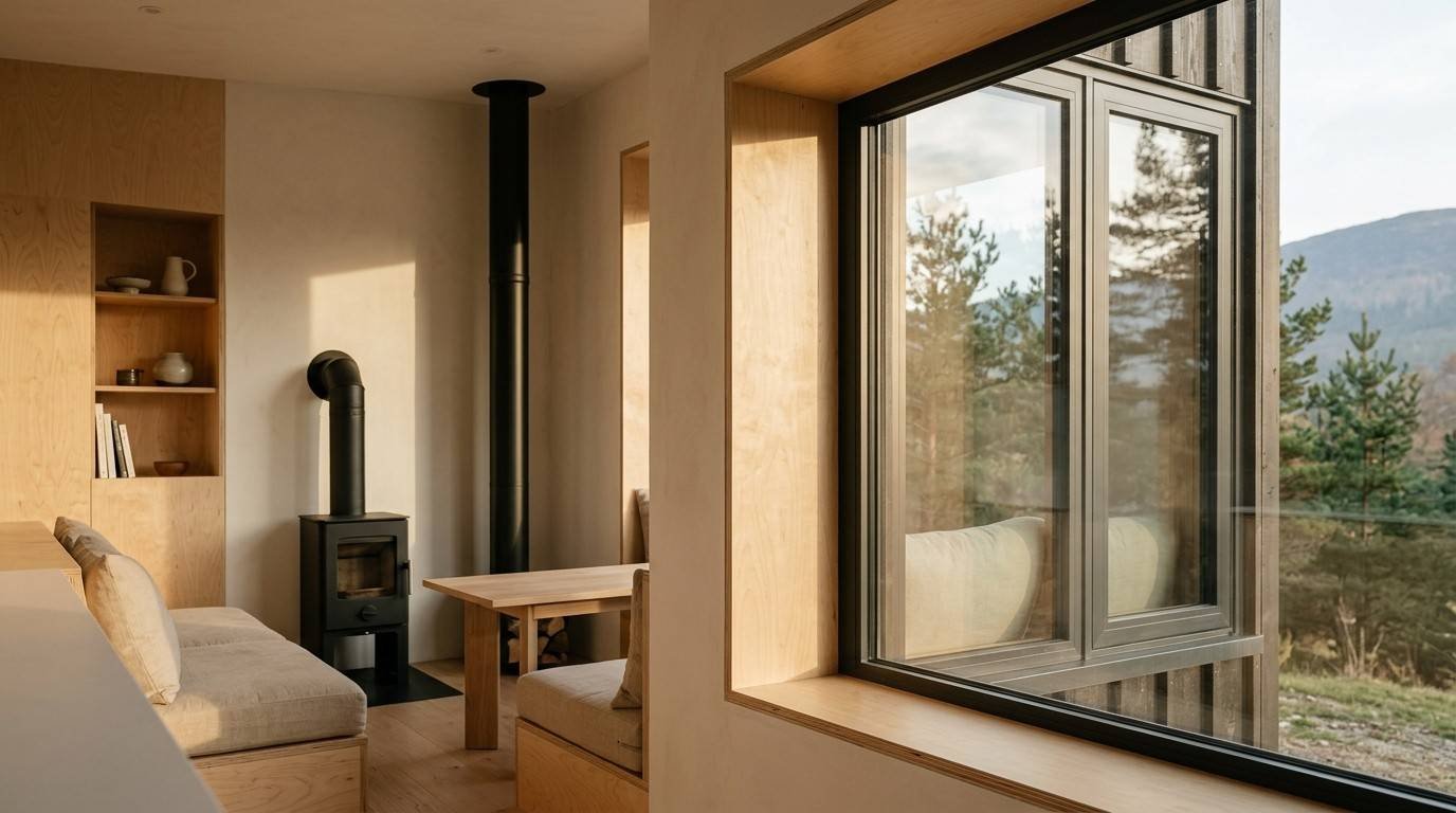 Modern tiny home interior featuring a black wood-burning stove, built-in wooden shelving, compact seating, a minimalist dining table, and large windows overlooking a forested mountain landscape.