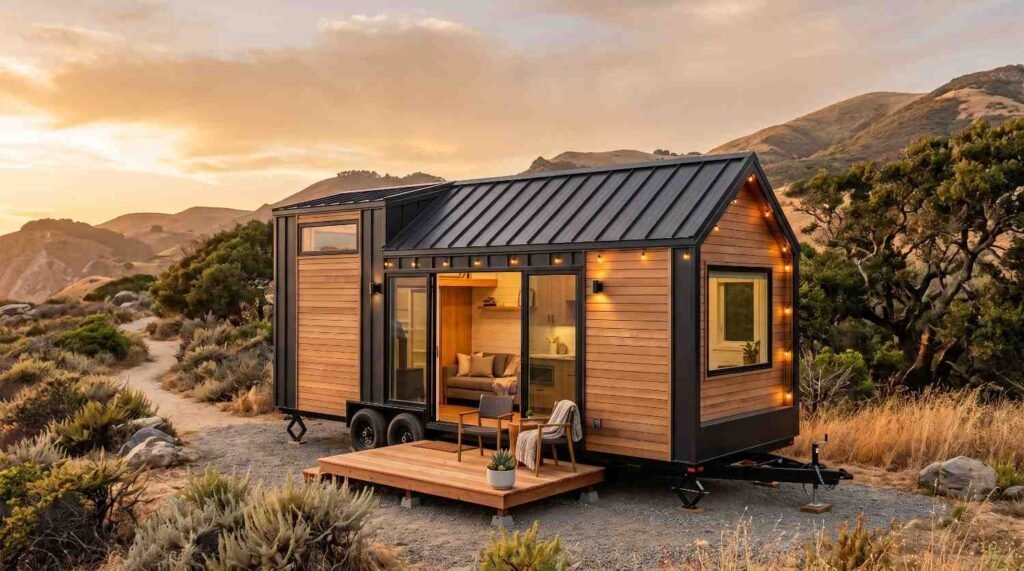 Modern tiny home on wheels with natural wood siding, a black metal roof, and a small wooden deck surrounded by California hills at sunset.