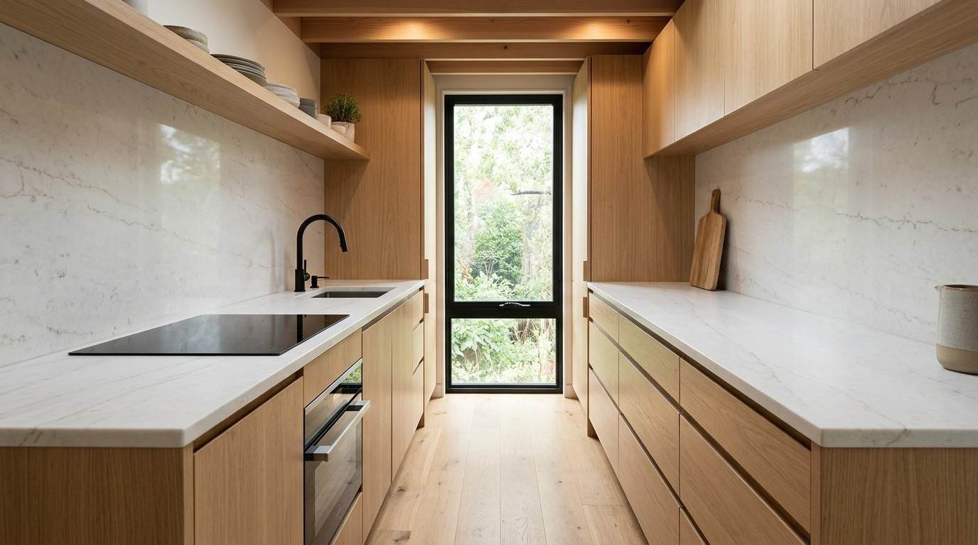 Minimalist tiny house galley kitchen featuring light oak cabinetry, white marble countertops and backsplashes, a black induction cooktop, built-in oven, matte black faucet, open wooden shelves, and a large window overlooking greenery.