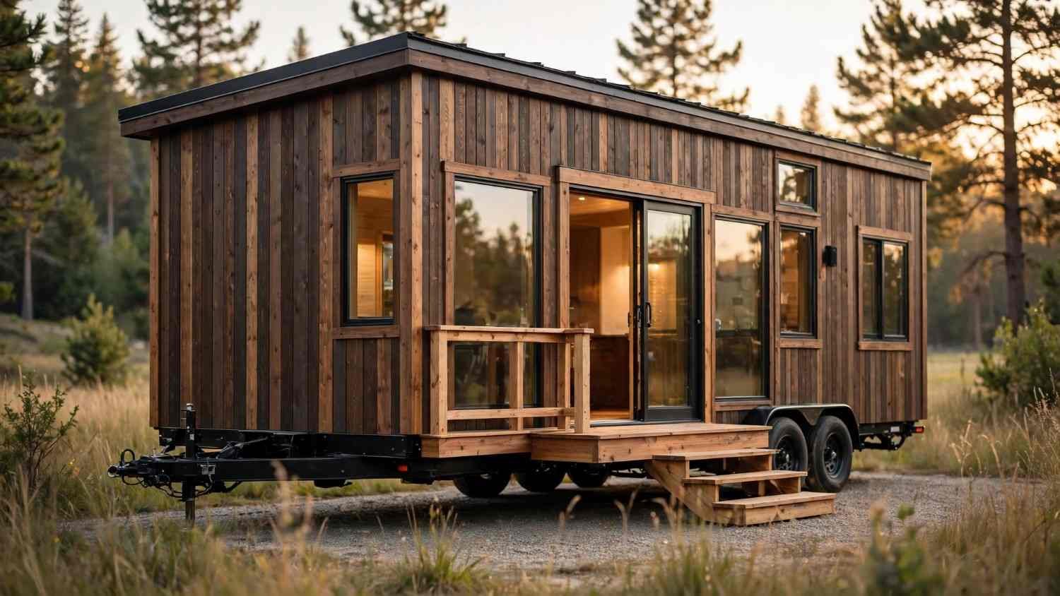 Modern tiny house on wheels featuring dark natural wood siding, large glass doors, black trim, and a wooden entry deck in a peaceful forest setting at sunset.