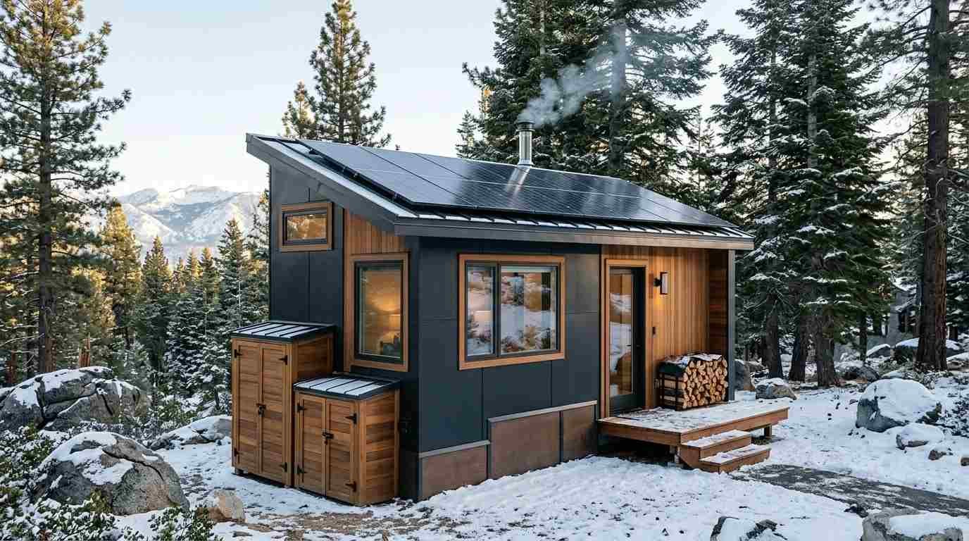 Modern tiny house with rooftop solar panels, dark exterior siding, natural wood accents, and a wood-burning stove chimney, surrounded by snow-covered rocks and evergreen trees in a winter forest.