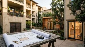 Architectural blueprints and digital laser measure on a courtyard table overlooking a multifamily residential complex with a detached timber ADU and ground-floor conversion unit.