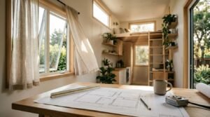 Architectural floor plan on table in bright ADU interior with open awning windows for natural ventilation