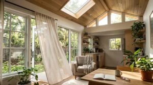 Sunlit ADU living space featuring roof skylight, clerestory windows, and open French patio door with breezy sheer curtains
