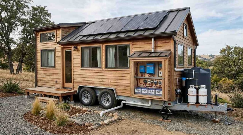 Off-grid tiny home on wheels with rooftop solar, battery storage, fresh-water and rainwater systems, propane, wastewater management, and self-contained utility connections.