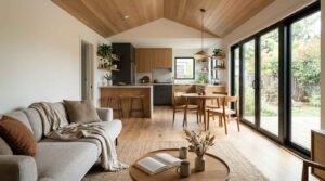 Open-concept ADU living room and kitchen interior with vaulted wood ceiling and black sliding glass patio doors