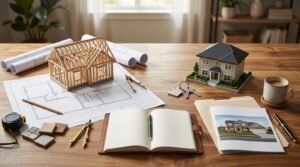 Side-by-side comparison of a framed house model on blueprints and a completed model home with keys and planning notebook