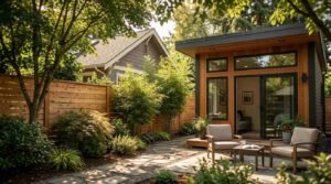 Modern backyard ADU with patio seating, flagstone walkway, and horizontal wood privacy fence bordering neighboring home
