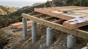Hillside ADU construction showing raised concrete pier footings, heavy timber support beams, floor joist framing, and blueprints overlooking a mountain valley.