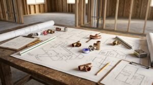 Plumbing blueprints and copper pipe fittings on a wooden workbench inside a framed house construction site