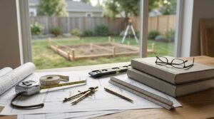 Drafting desk with ADU blueprints, measuring tools, code books, and level overlooking a backyard with wooden batter boards marking ADU setbacks and foundation footprint.