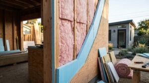 Pink fiberglass batt insulation and rigid foam board installed on timber wall framing during ADU construction