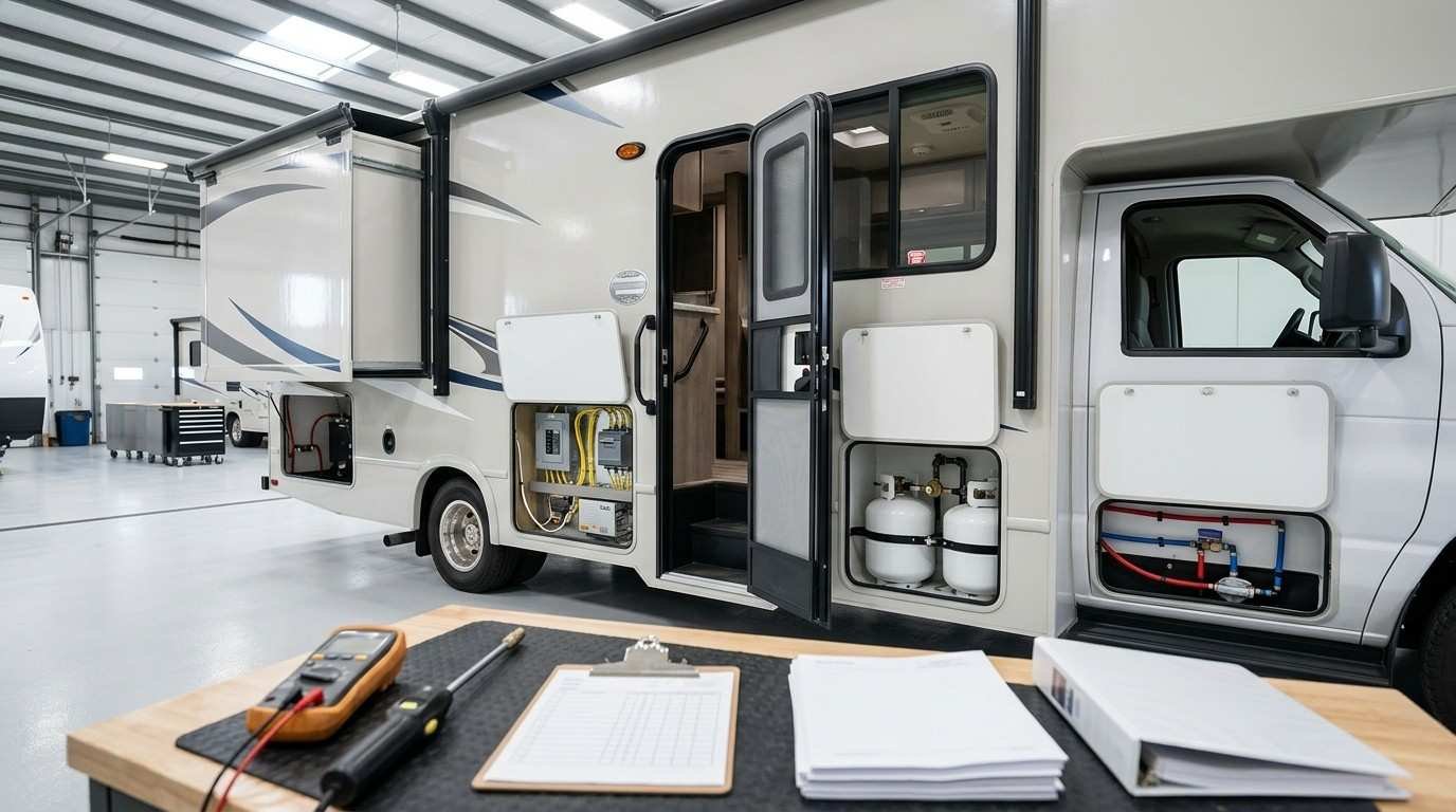 Recreational vehicle at an inspection facility with a visible certification seal and professionally installed electrical, plumbing, propane, fire safety, and emergency egress systems.