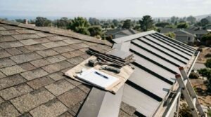 Inspection clipboard, tools, and asphalt shingles beside standing seam metal roof for durability assessment