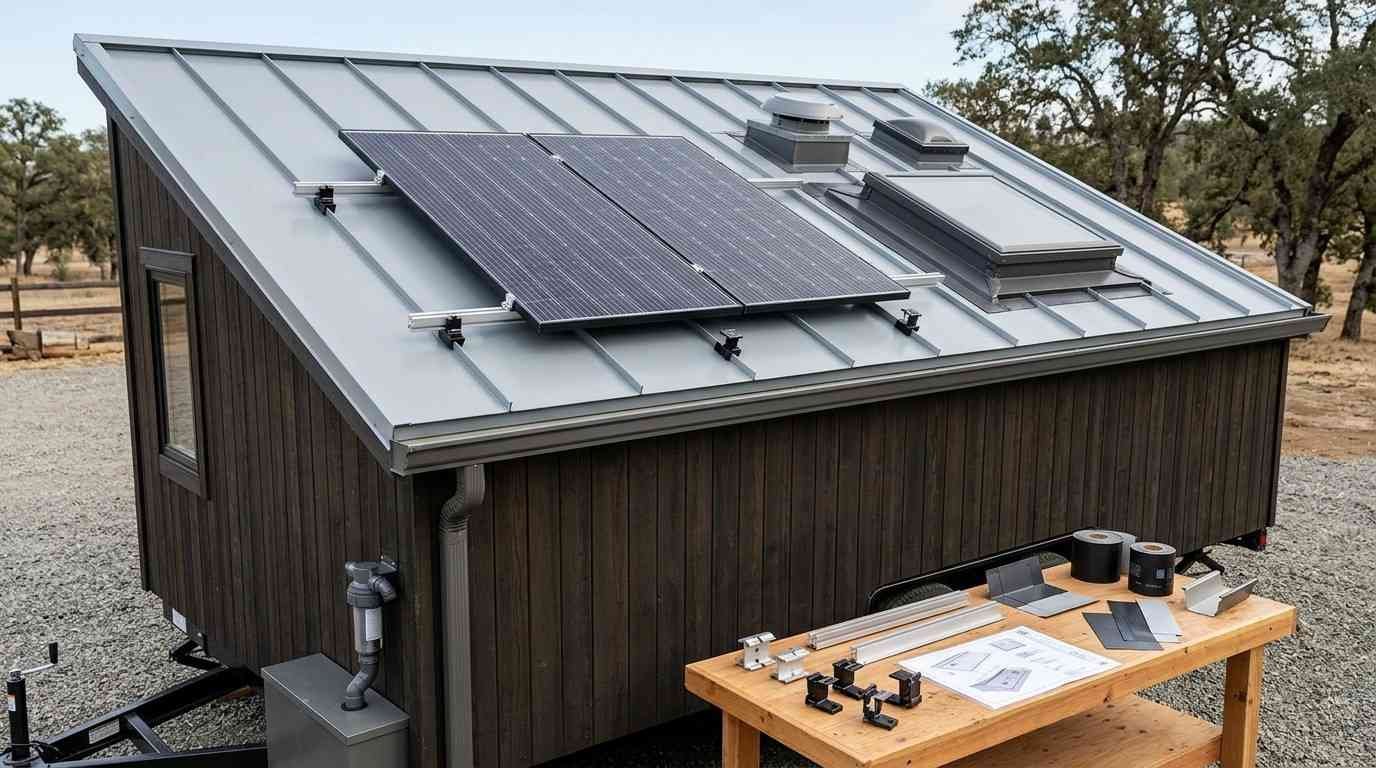 Tiny home roof integrating seam-clamped solar panels, a low-profile rainwater gutter, flashed ventilation openings and a skylight without compromising the weather barrier.