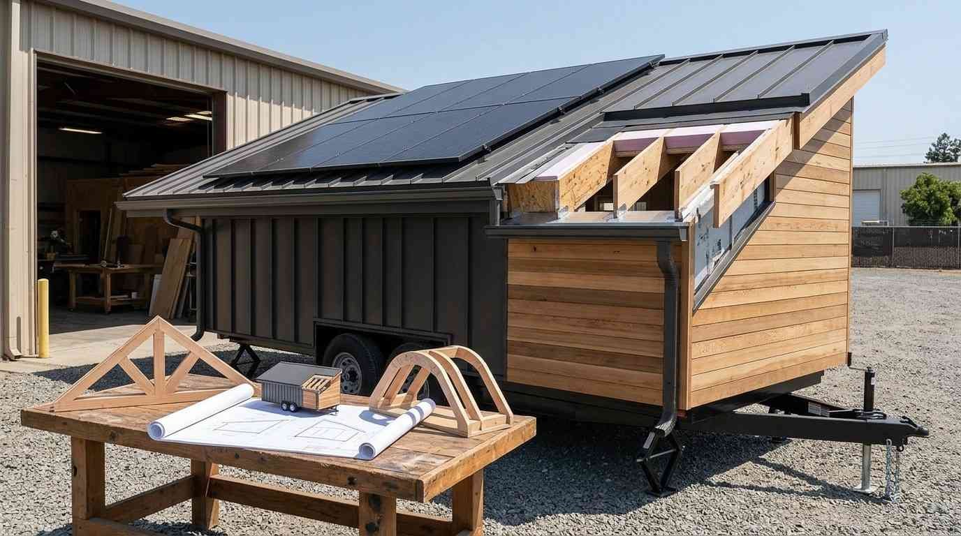 Tiny home on wheels with a single-slope roof, exposed high-performance framing, solar panels and guttering designed to balance loft headroom, insulation depth and transport height.