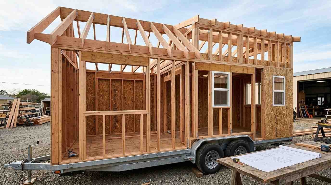 Tiny home framing showing engineered roof rafters, loft joists, structural headers, shear wall segments and reinforced connections that demonstrate professional craftsmanship.