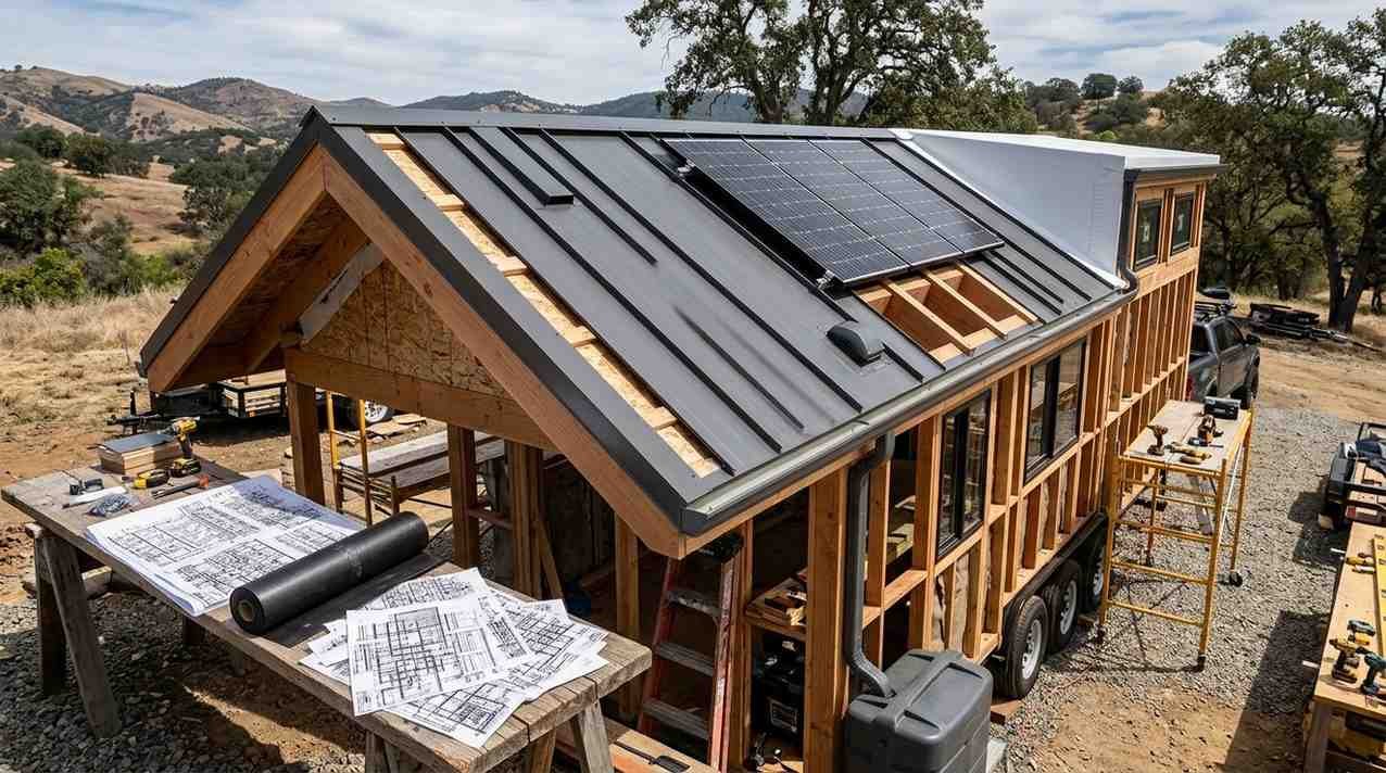 Tiny home roof under construction showing standing-seam metal roofing, low-slope membrane roofing, solar mounting and reinforced framing designed for highway travel and added roof loads.