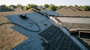 Asphalt shingle roof installation showing OSB decking, waterproof underlayment, ridge vent, and pneumatic nail gun