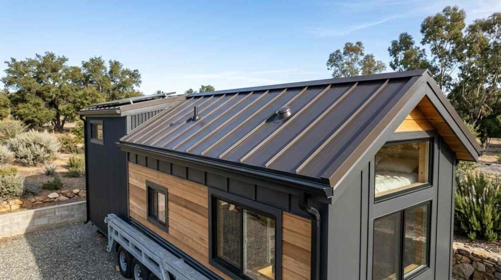 Tiny home on wheels with a lightweight standing-seam metal roof, proper drainage, flashing, gutters, solar mounting, and weather-resistant roofing details.