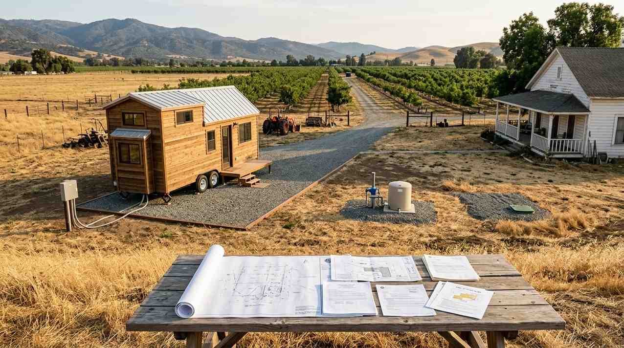 California rural property with a tiny home on wheels, agricultural land, private well and septic infrastructure, gravel access road, and planning documents illustrating rural placement requirements.