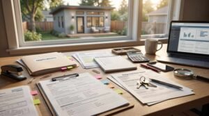 Rental application forms, background check report, keys, and laptop on desk overlooking backyard ADU