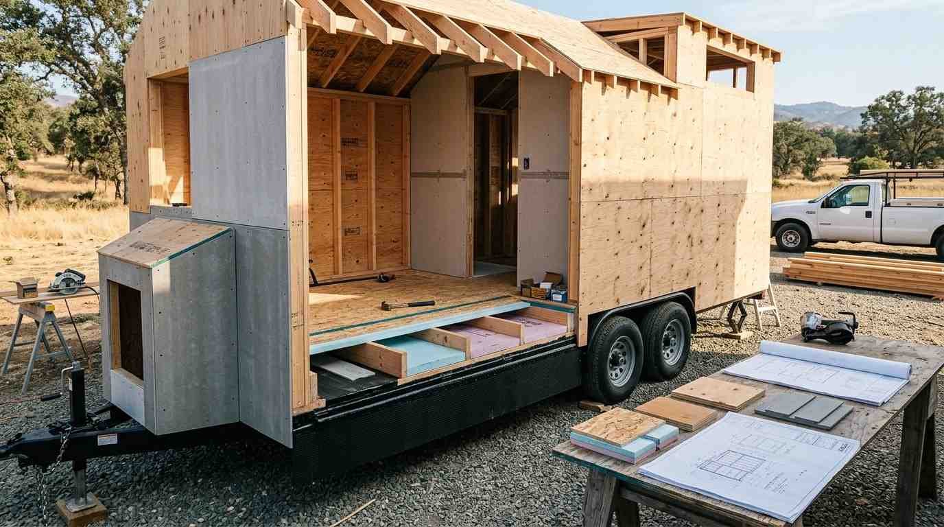 Tiny home wall, roof and floor assemblies exposed during construction, showing plywood sheathing, insulated subfloor, sealed underbelly and selective moisture- and fire-resistant panels.