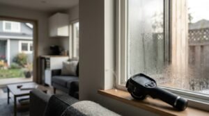 Thermal imaging camera on a window sill detecting condensation and heat loss through glass pane