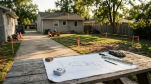 Site plan blueprint on picnic table overlooking backyard staked boundary lines for ADU construction