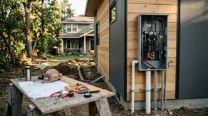 Exterior electrical subpanel installation on an ADU with underground conduit trenches and wiring blueprints