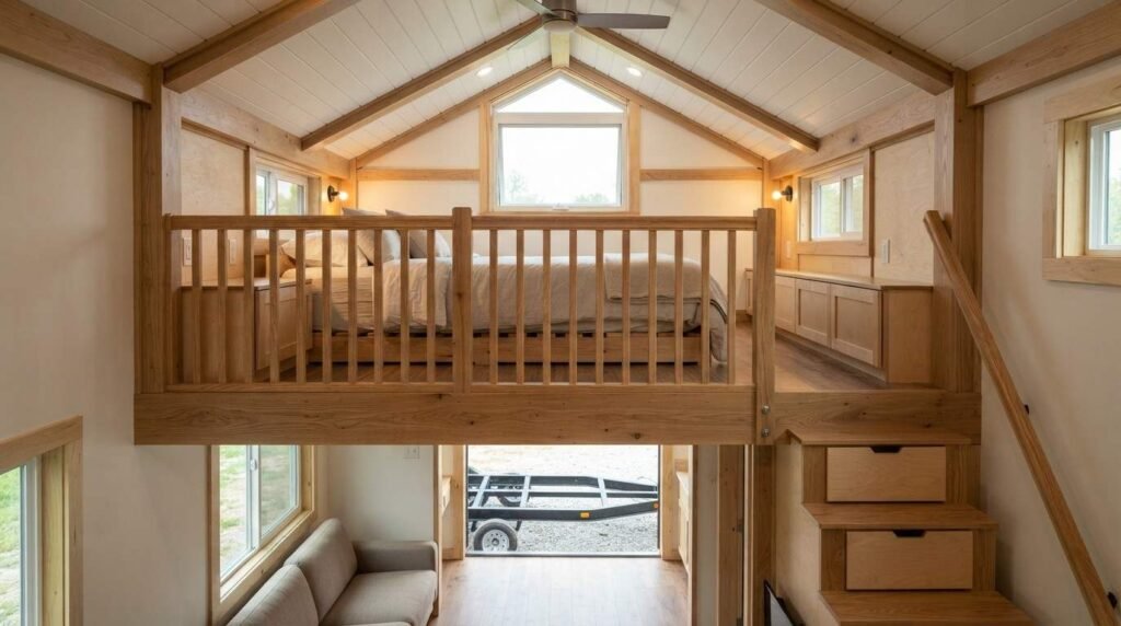 Tiny home sleeping loft with comfortable headroom, secure guardrail, storage stairs, emergency egress window, ventilation, lighting, and a clear safe escape path.