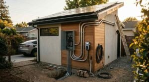 Exterior electrical subpanel and metal conduit connected to rooftop solar panels and Level 2 EV charger on a modern detached garage
