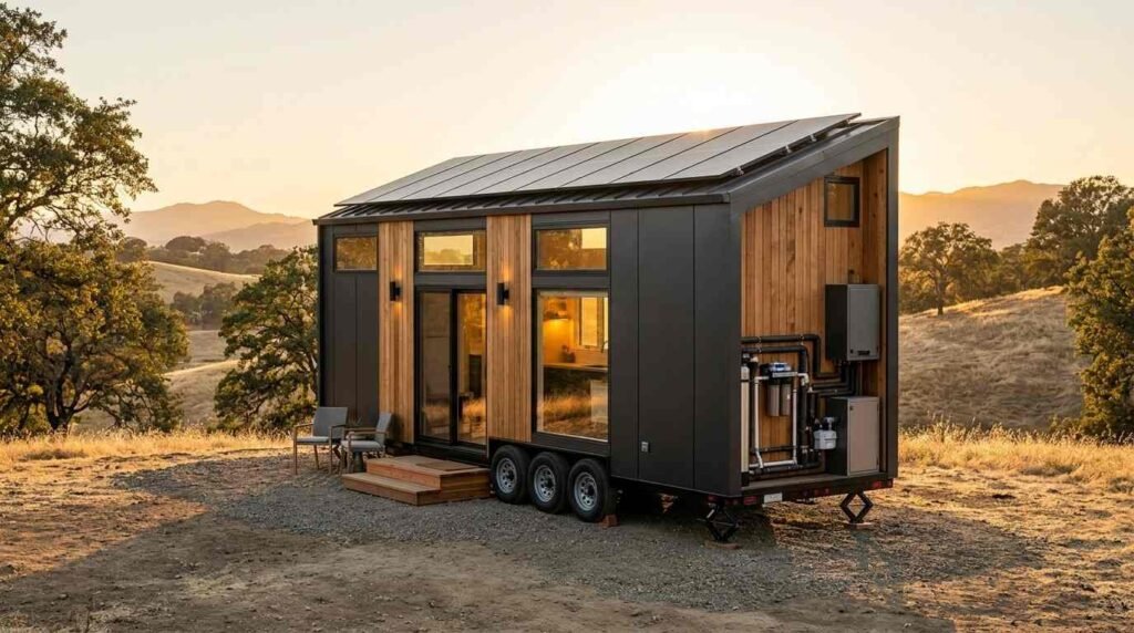 Modern tiny house on wheels featuring rooftop solar panels, black metal siding, natural wood cladding, and exposed exterior plumbing and utility systems in a rural landscape at sunset.