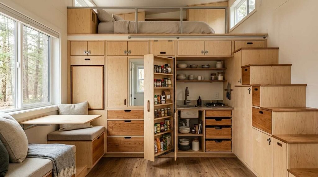 Tiny home on wheels interior with full-height cabinetry, storage stairs, pull-out pantry, built-in drawers, loft compartments, and multi-purpose space-saving storage.