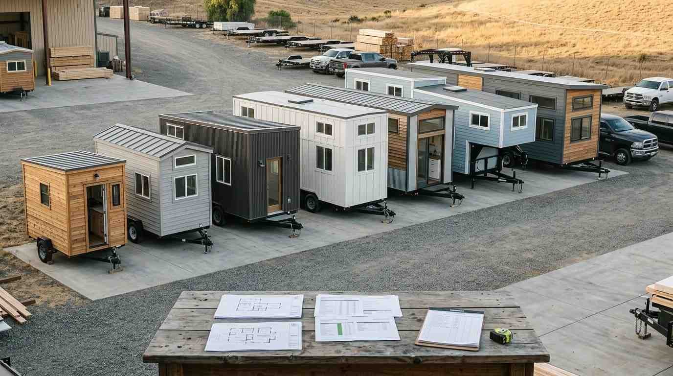 Seven tiny houses on wheels ranging from 16 to 40 feet, including bumper-pull and gooseneck designs, illustrating the trade-offs between size, livability, weight, and towing practicality.