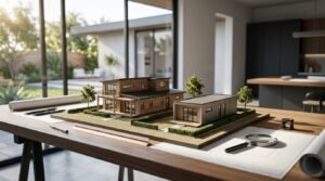 Architectural desk displaying a scale model comparing a two-story primary home to a detached ADU with blueprints, scale ruler, and magnifying glass
