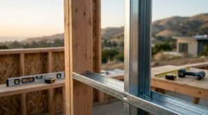 Galvanized light-gauge steel framing stud integrated with timber wall framing on a home construction site
