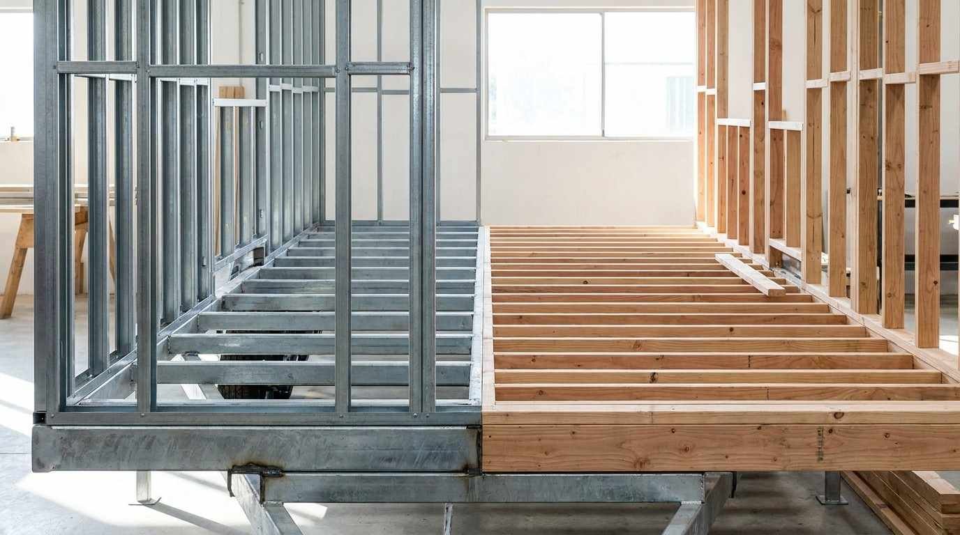 Tiny home construction showing steel wall framing alongside wood floor and wall framing on a trailer chassis.