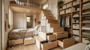 Compact ADU bedroom with built-in staircase storage drawers, under-bed storage, and open closet system