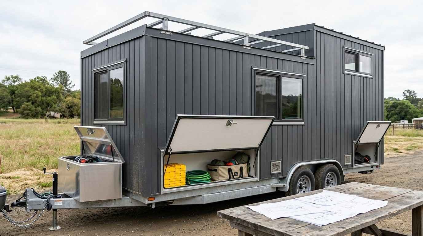 Tiny home exterior showing insulated underbelly storage, a tongue box, roof rack and sealed weatherproof compartments integrated into the trailer and building envelope.