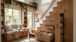 Custom under-stair storage drawers, pull-out pantry, and built-in window seating bench in small ADU