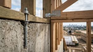 Heavy-duty anchor bolt securing a treated wooden sill plate to a concrete foundation wall during house framing