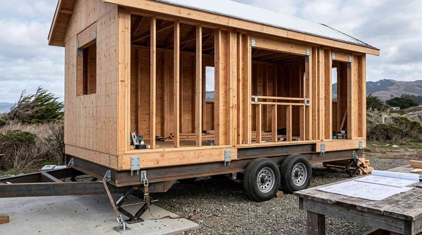 Tiny home on wheels with reinforced framing, shear panels, tie-downs and trailer connections illustrating resistance to snow, wind, seismic forces, highway loads, racking and torsion.