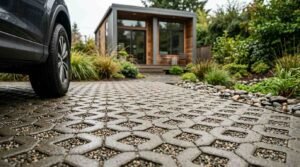 Permeable concrete grid paver driveway leading to modern backyard ADU